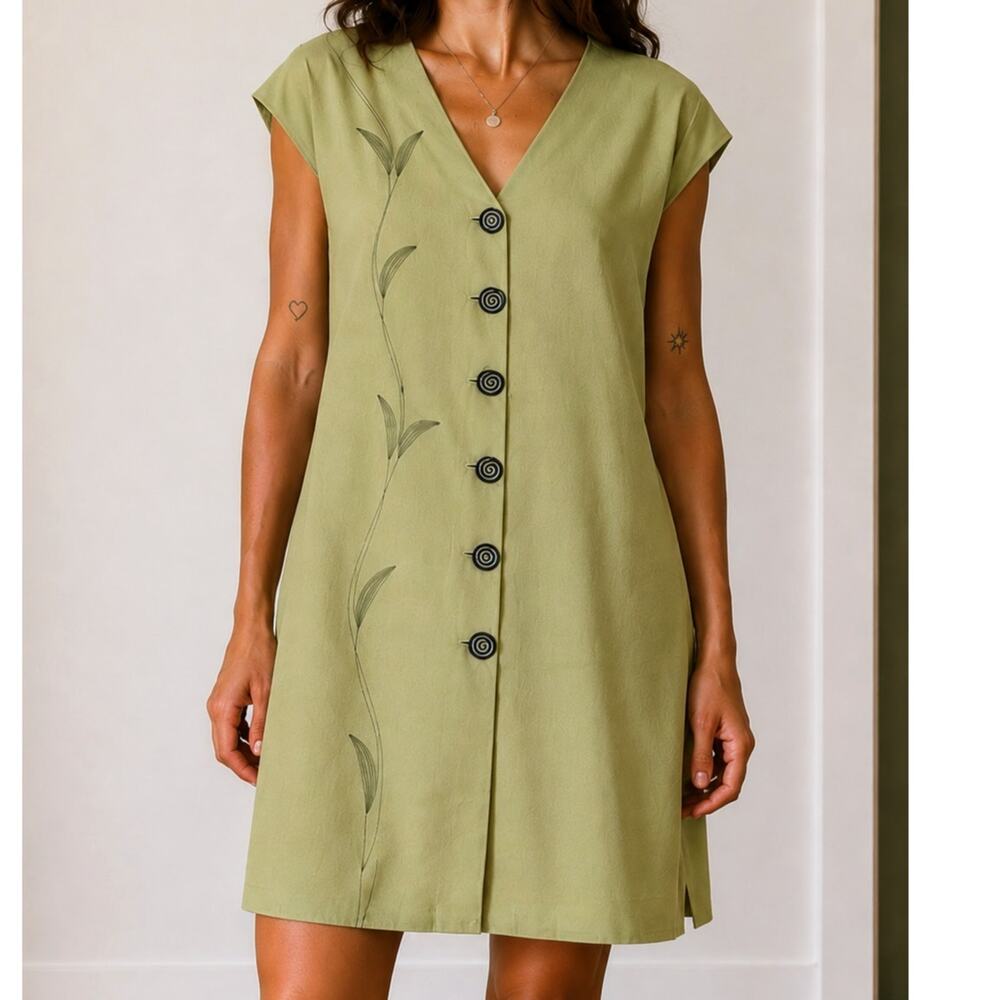 Vintage Handmade Sage Green Embroidered Shift Dress Artsy Boho Fairy Earthy-M